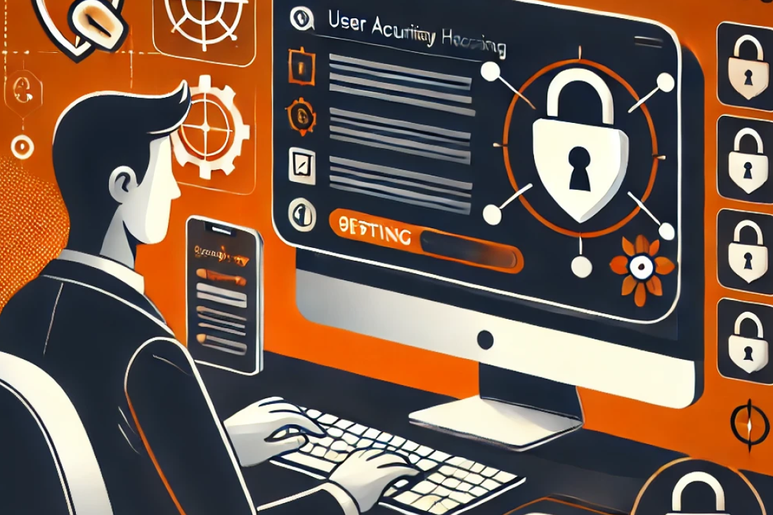 User adjusting application settings on a computer screen with security icons like locks and shields. Orange and black colour palette, emphasising cybersecurity.