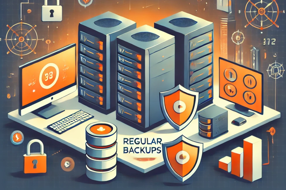 Modern scene of data backups with a server room, computer showing backup progress, and icons like cloud storage and shields, in orange and black colours. 