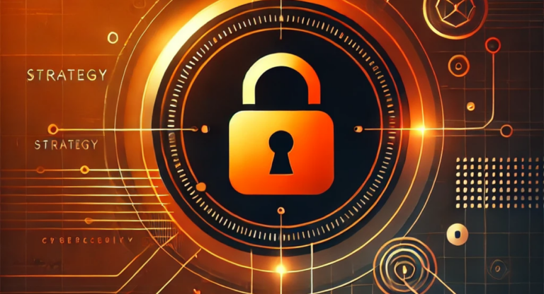 Modern abstract thumbnail in orange and black with a central lock icon, geometric shapes, and lines, symbolising cybersecurity and innovation.