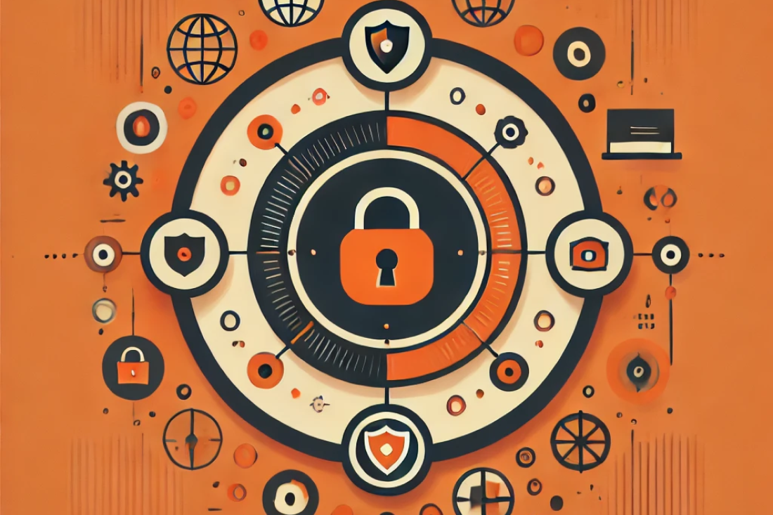 Minimalist abstract image with orange and black geometric shapes and icons representing cybersecurity, illustrating the Essential 8 framework