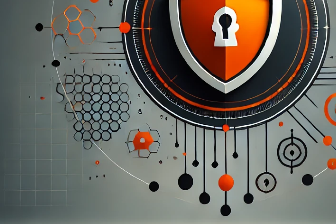 Minimalist, clean, and futuristic abstract image with orange and black geometric shapes, shield icons, and network lines symbolising cybersecurity and resilience.