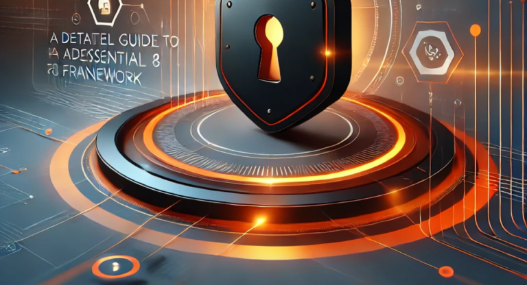 Abstract thumbnail with orange and black gradient background, featuring geometric shapes and lock icons, symbolising cybersecurity and the Essential 8 framework