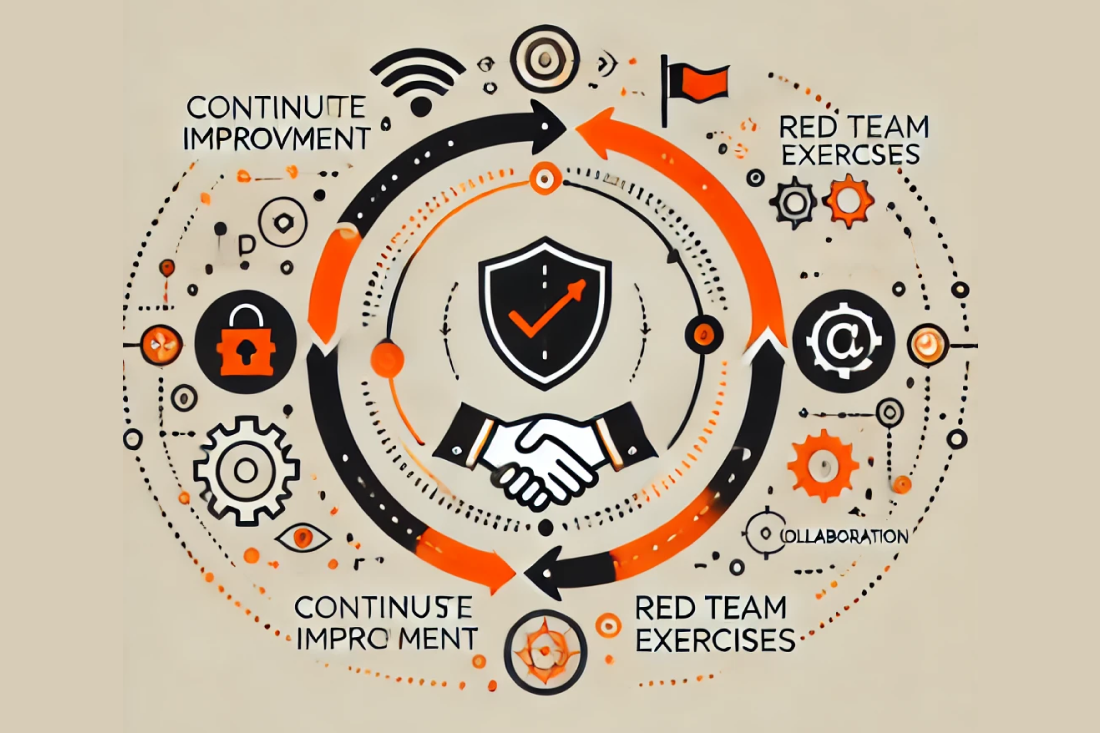 Abstract image with orange and black elements: arrows for continuous improvement, shield and swords for red team exercises, and handshake for collaboration, representing the Essential Eight maturity levels