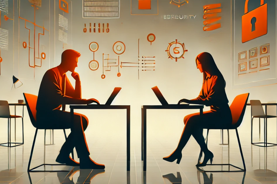 Two people in a modern workplace using their devices, conveying a sense of collaboration and cybersecurity awareness.