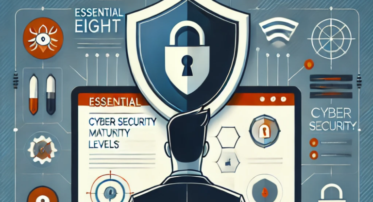 Thumbnail image of a person from behind looking at a screen with cybersecurity icons, including a shield and lock, in an orange and black colour palette.