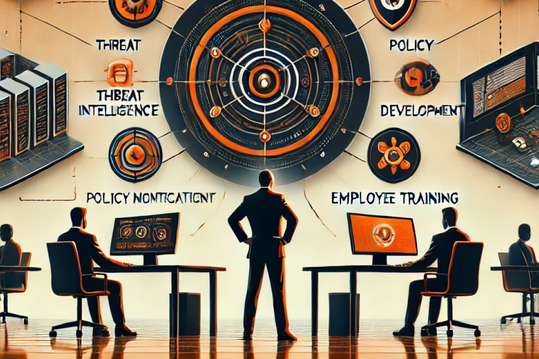 Professional image with an orange and black palette, depicting elements of threat intelligence, policy development, SOC, and employee training for cybersecurity.