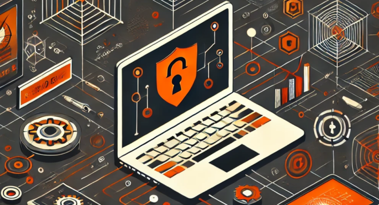 Thumbnail with an orange and black colour palette, featuring abstract tech elements like geometric shapes and network lines, symbolising cybersecurity and implementation.
