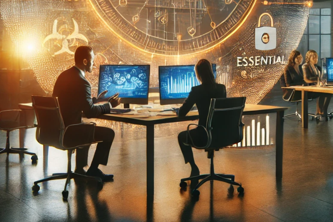 Photo-realistic image of professionals collaborating in a modern office, discussing cybersecurity strategies with a large screen displaying the Essential 8 framework.