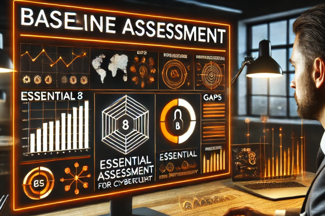 Photo-realistic image of a person analysing data on a computer screen, performing a baseline assessment to implement the Essential 8 framework and progress through maturity levels