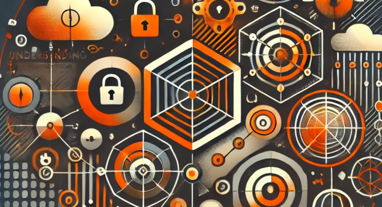 Unique thumbnail image with an orange and black colour palette, featuring abstract tech elements like geometric shapes, network lines, and icons symbolising maturity and growth.