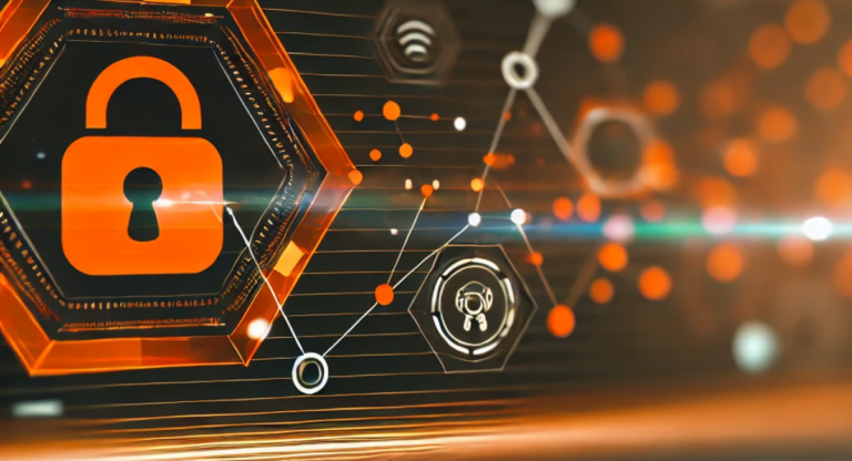 Futuristic thumbnail image with an orange and black colour palette, featuring advanced geometric shapes, holographic network lines, and icons symbolising cybersecurity.