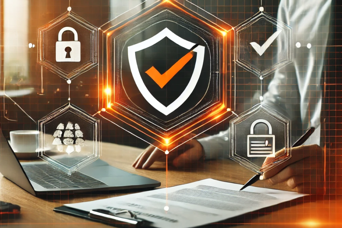 Professional image with an orange and black palette, featuring a shield icon, a checklist, and a professional working on compliance tasks in a modern office.