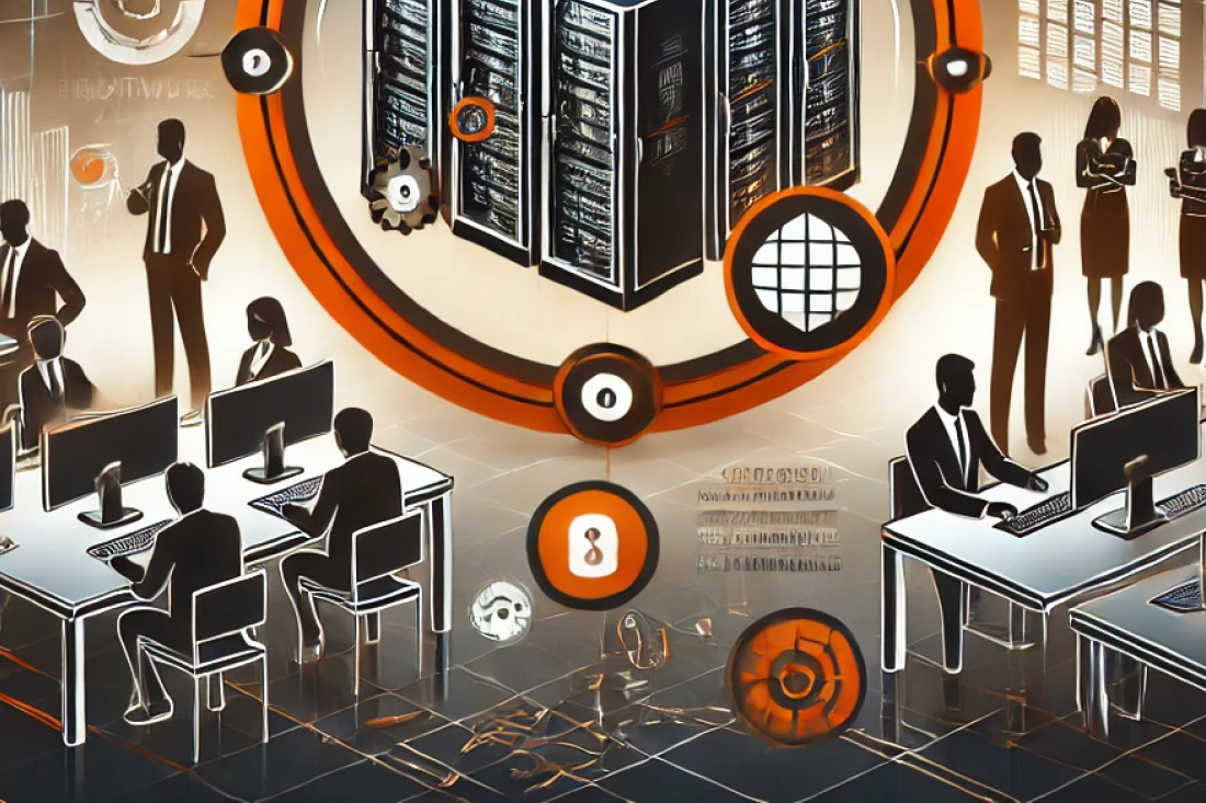 Professional image with an orange and black palette, showing a secure data centre, financial data on screens, and professionals working on cybersecurity tasks.