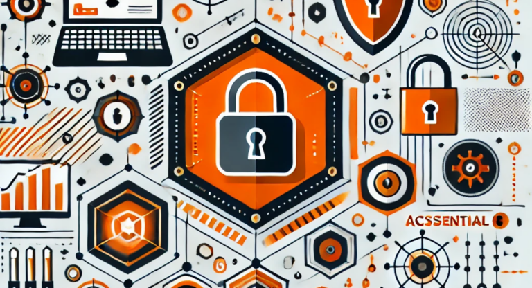 Professional thumbnail image with an orange and black color palette, featuring abstract tech elements like geometric shapes and network lines symbolising cybersecurity.